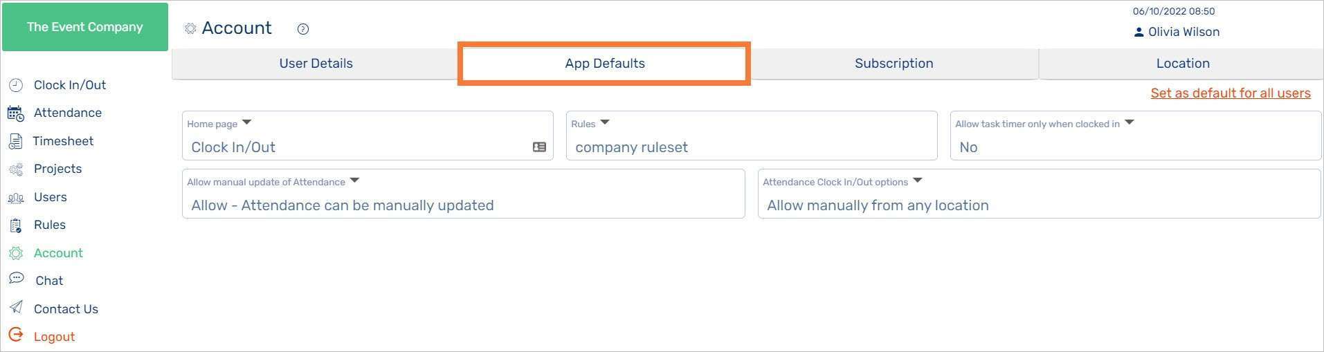 Manage Accounts in Time Tracking App | App Defaults